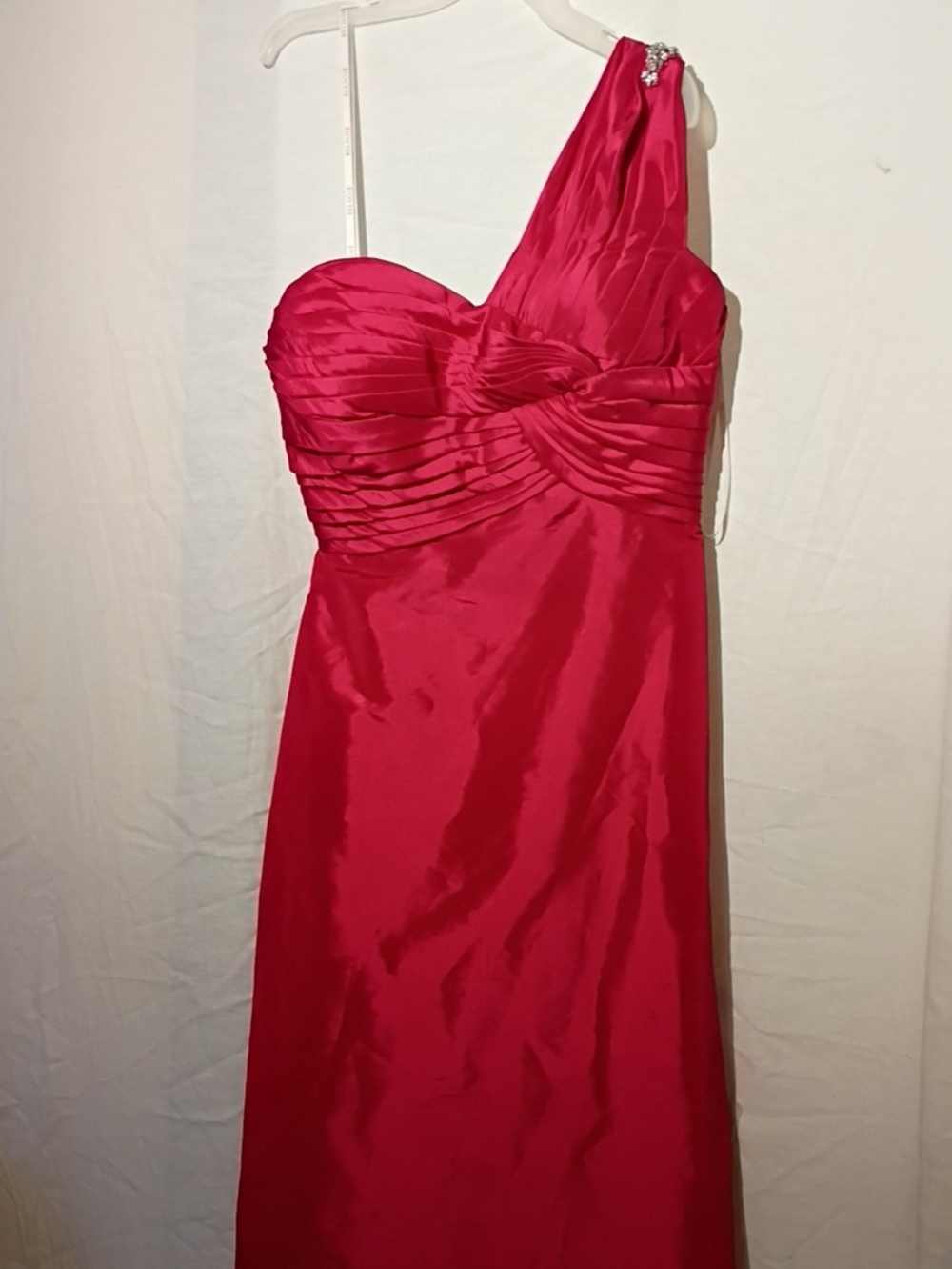 One-Shoulder Fuchsia Beaded Satin Evening Gown, Belsoie, Sz 6, NWOT
